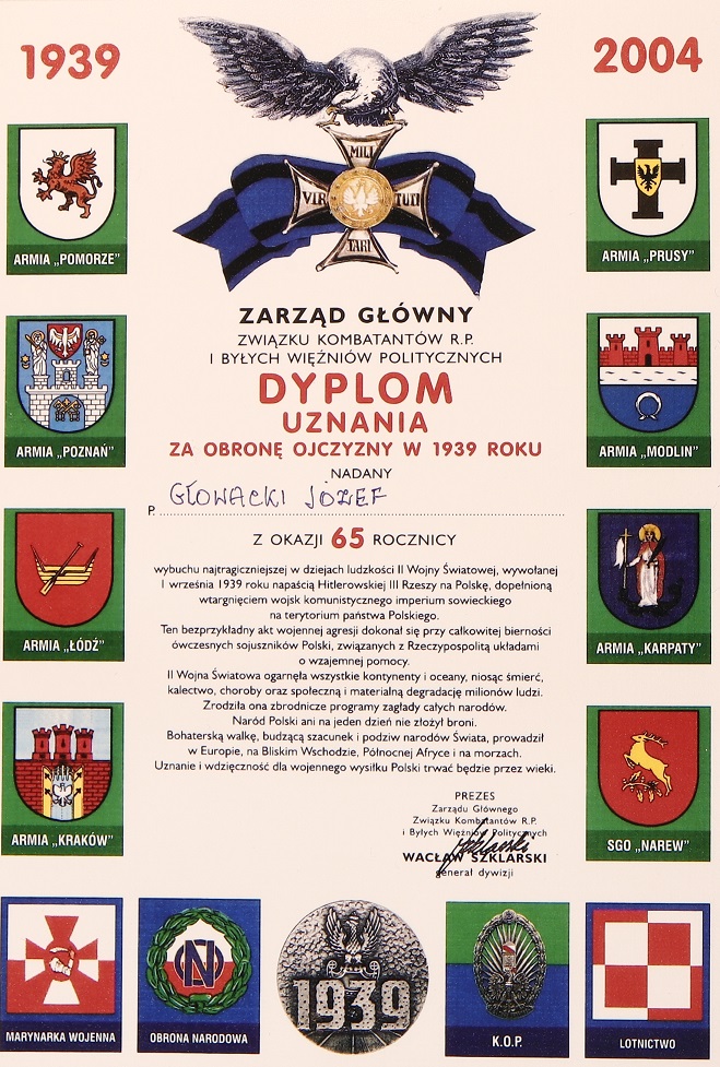 Dyplomy i odznaczenia Józefa Głowackiego Spuścizna Józefa Głowackiego